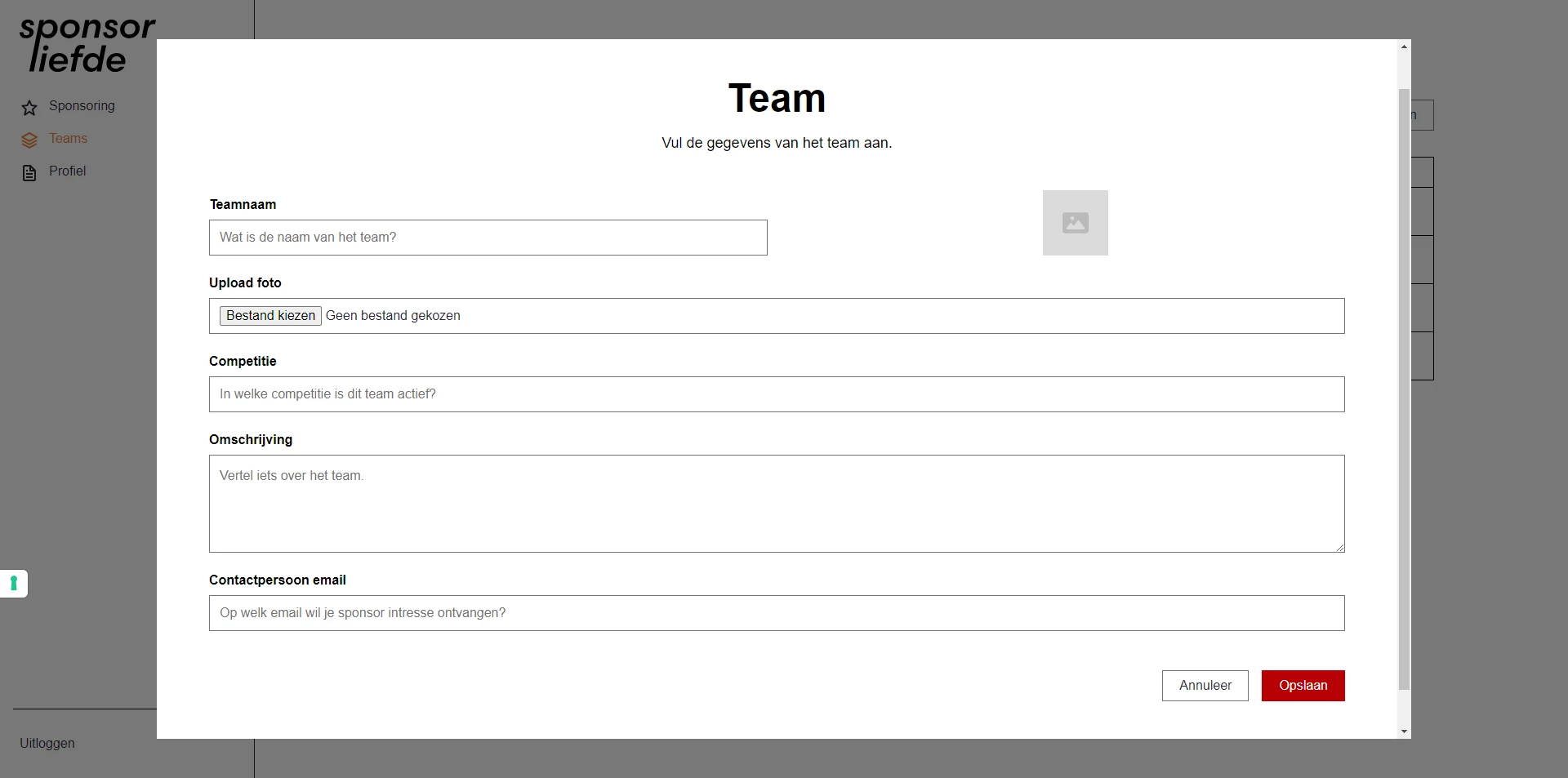 screenshot of adding teams.